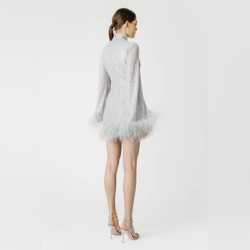 Sau Lee Bianca Mini Sequin and Feather Dress in Silver - Picture 4 of 14